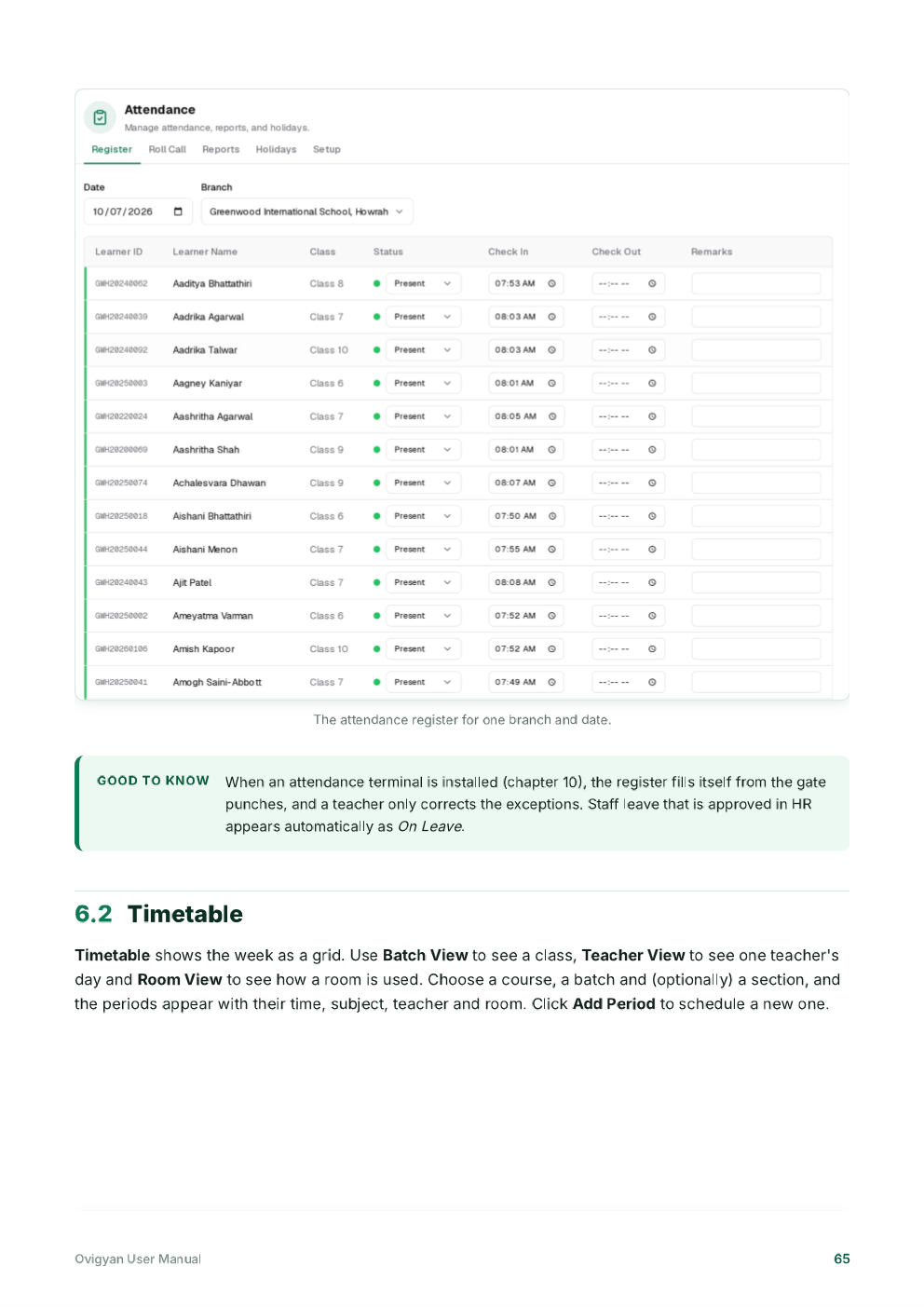 Ovigyan user manual page showing the daily attendance register