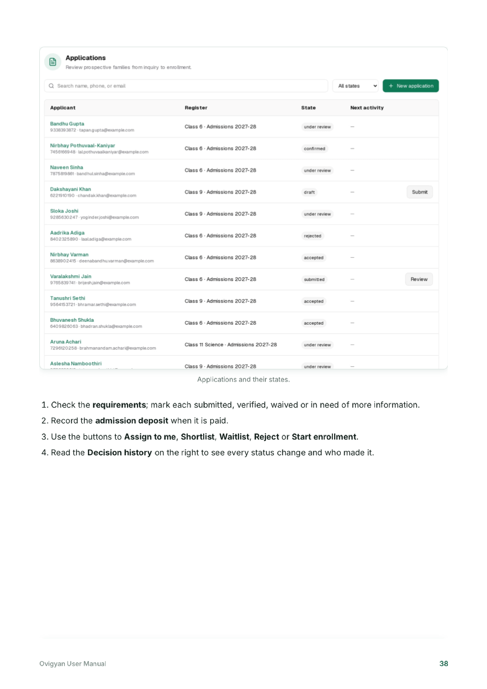 Ovigyan user manual page with student admission and enrolment workflow