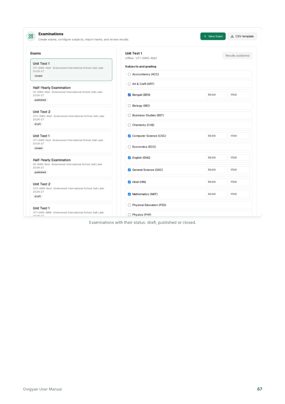 Ovigyan user manual page showing examination setup for a school batch