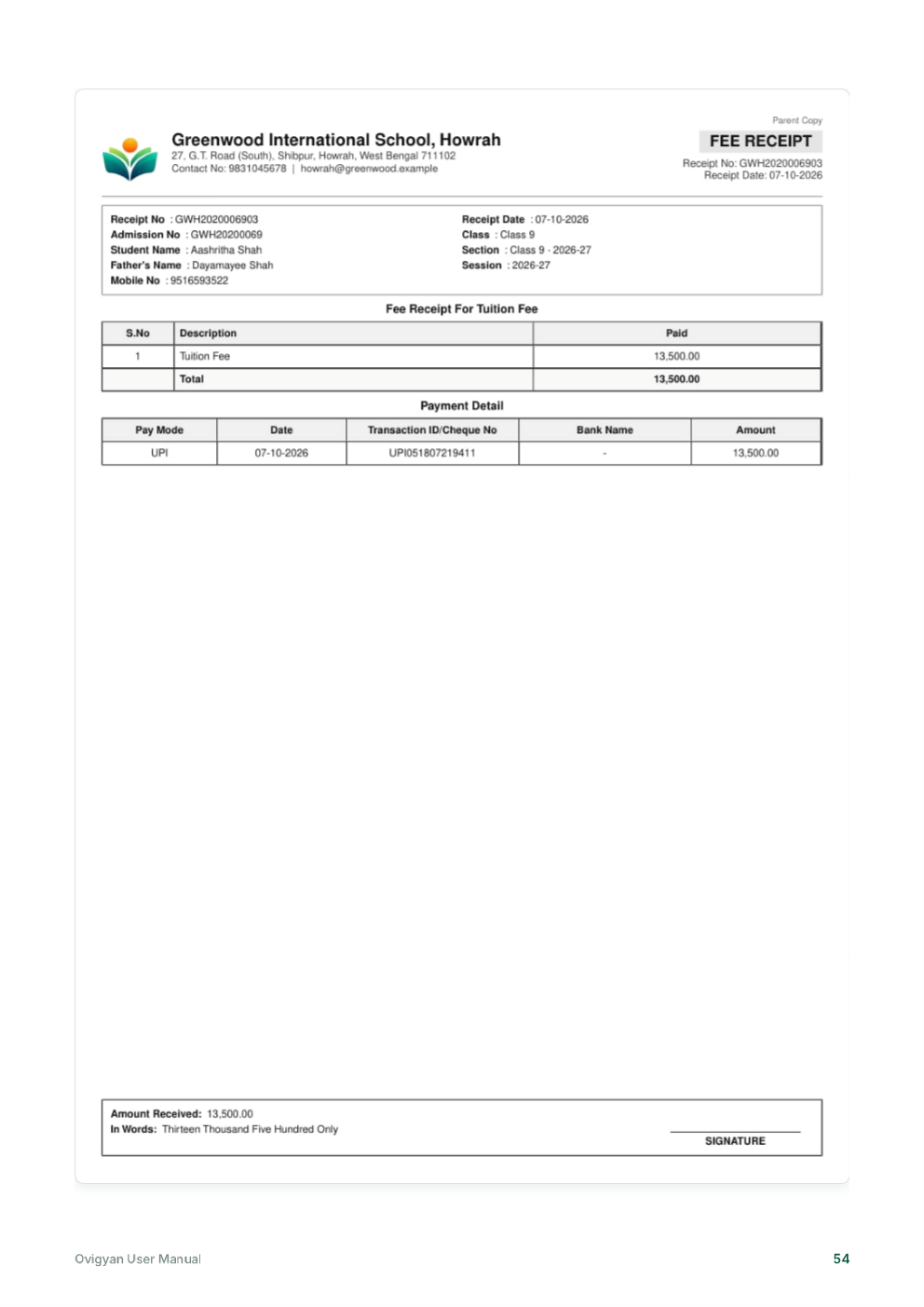 Ovigyan user manual page showing a student fee receipt