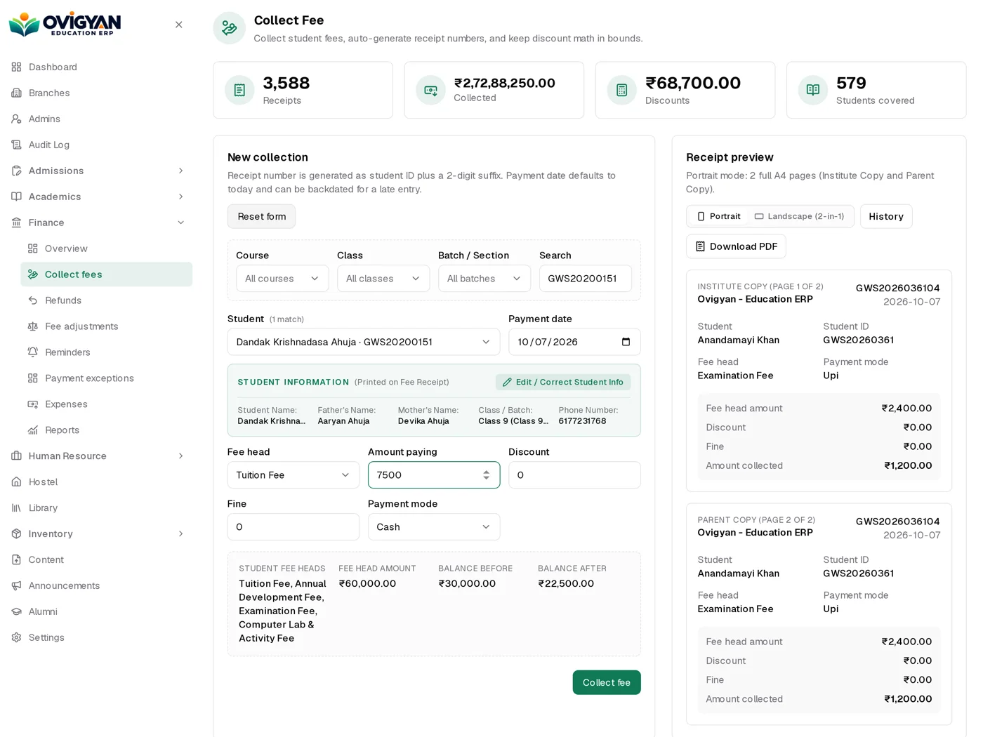 Fee collection screen with receipt preview